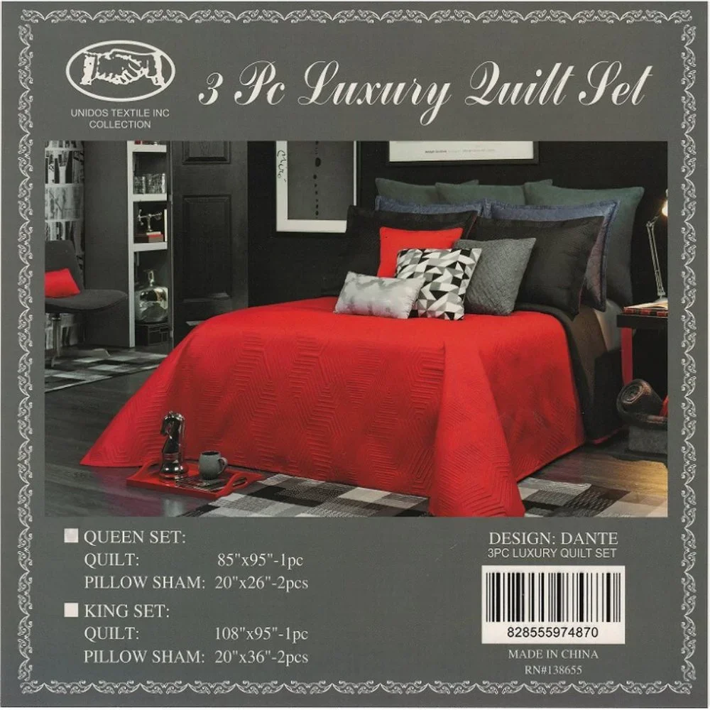 Reversible 3 Piece Quilted Bedspread Set Red & Black Embossed Design Queen King